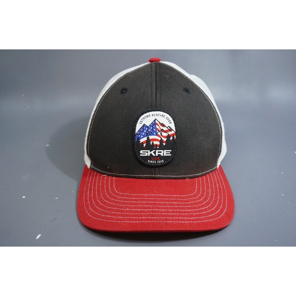 SKRE Extreme Hunting Gear Hat USA Flag Mountain Patch Trucker Cap Red Black Mesh